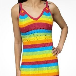 Y2K Rue 21 Ultra Flirt Knit Crochet Halter Dress L Multicolor Stretch Hippie